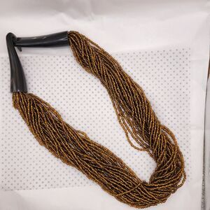 Designer Seed Bead Multistrand Necklace Horn Clasp Amber Brown Copper 22 in.